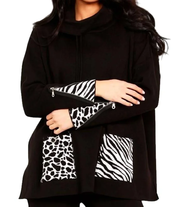 Animal Print Pocket Poncho In Black/white