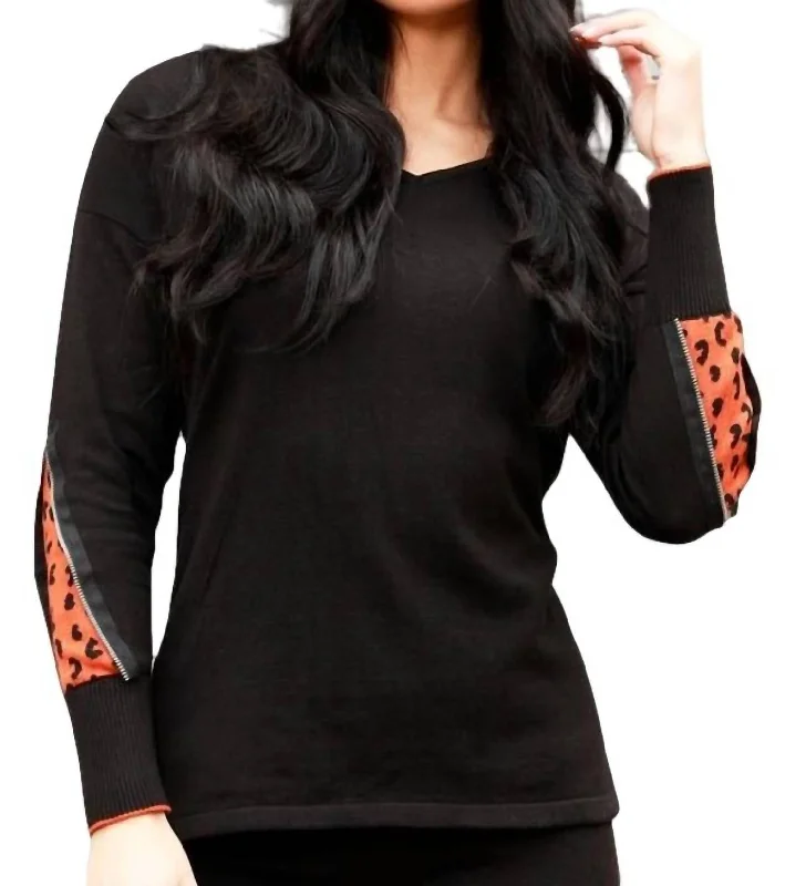 Cheetah V-Neck Sweater With Zip Sleeves In Black/rust