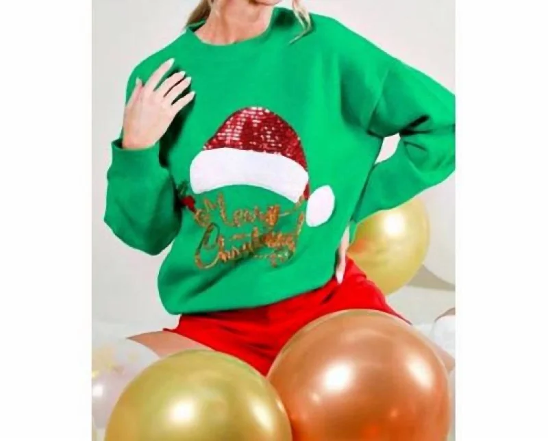 Crew Neck Sweater With Sequin Santa Hat In Green