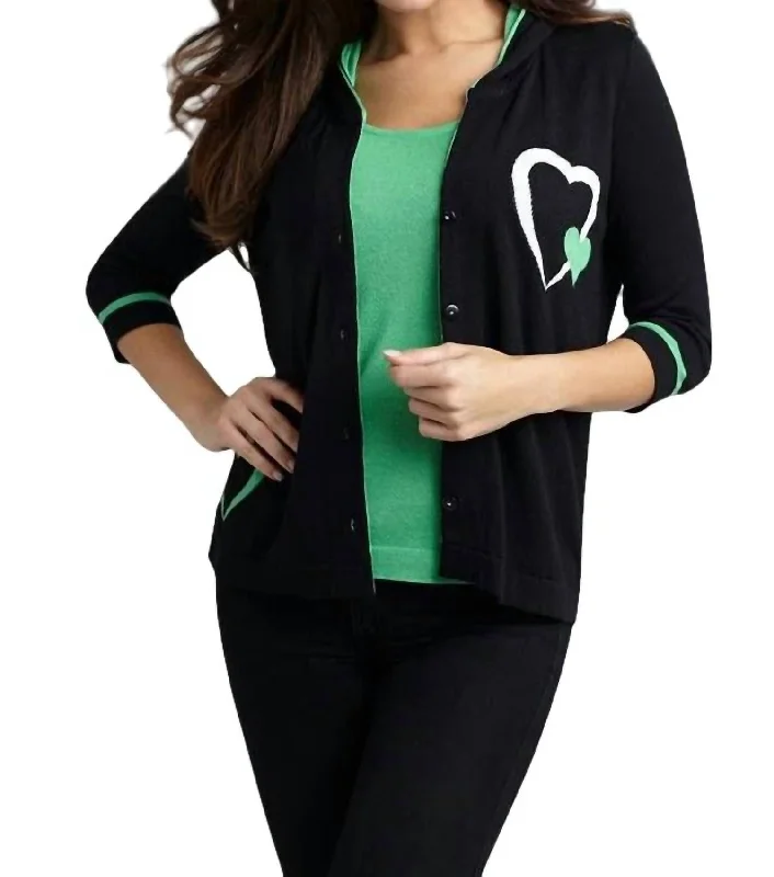 Double Heart Hooded Cardigan In Blackgreen