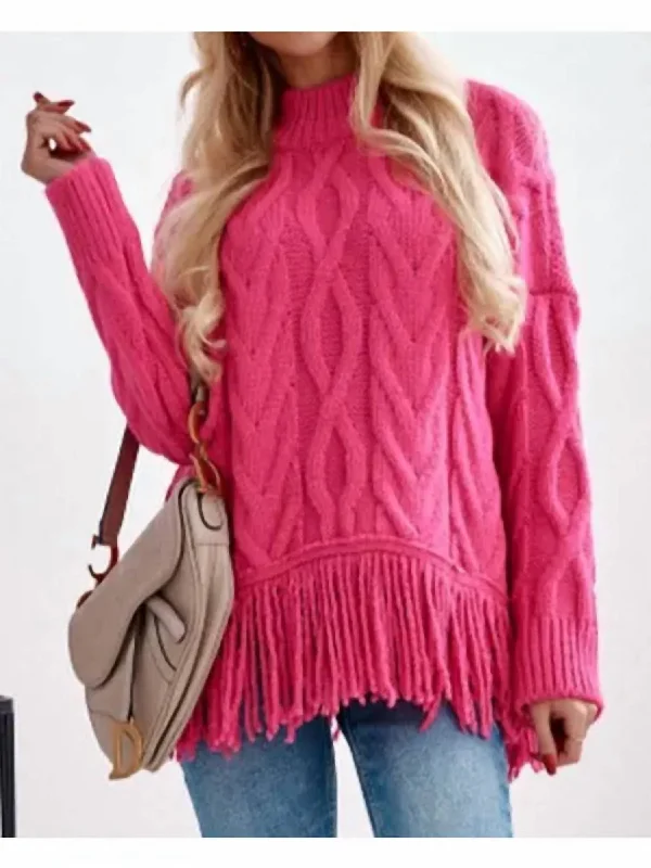 Fringe Cable Knit Sweater In Pink