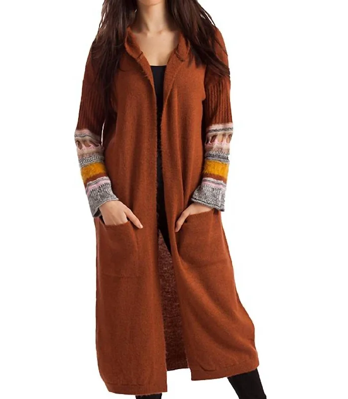 Natalia Long Cardigan With Hood In Rust Multi