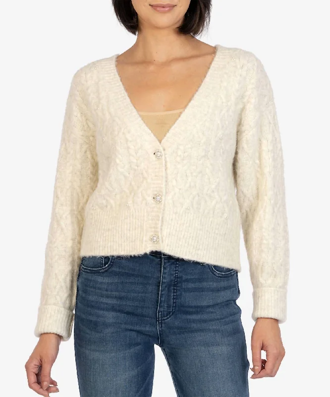 Petra Button Down Crop Cardigan In Ivory