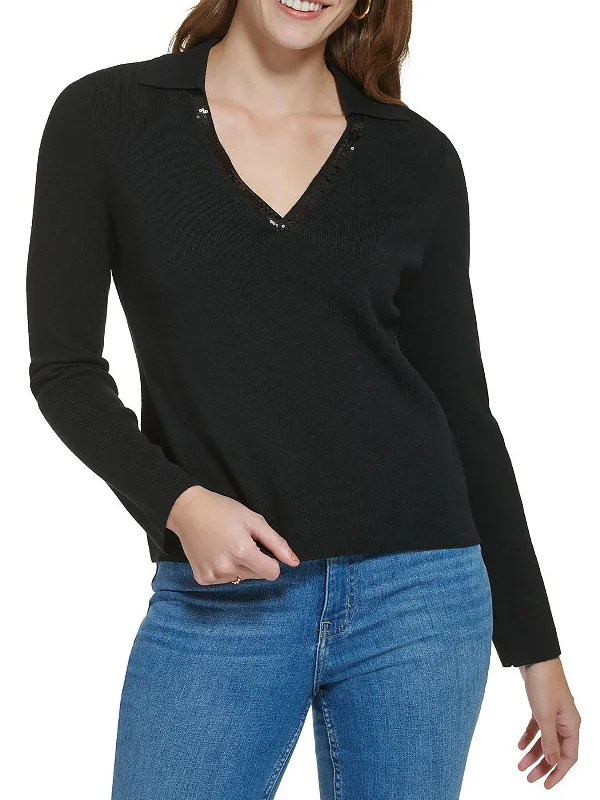 Plus Womens Embellished V-Neck Pullover Sweater