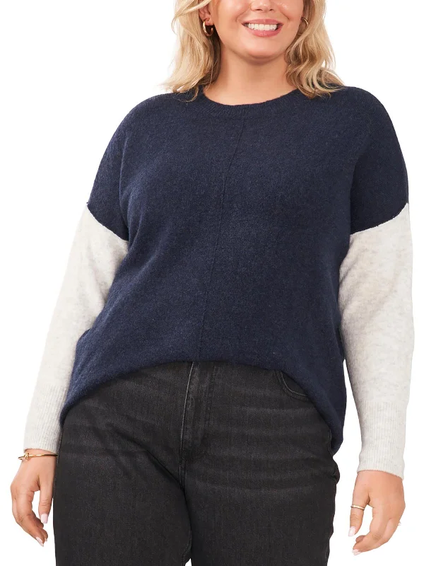 Plus Womens Heathered Colorblock Crewneck Sweater