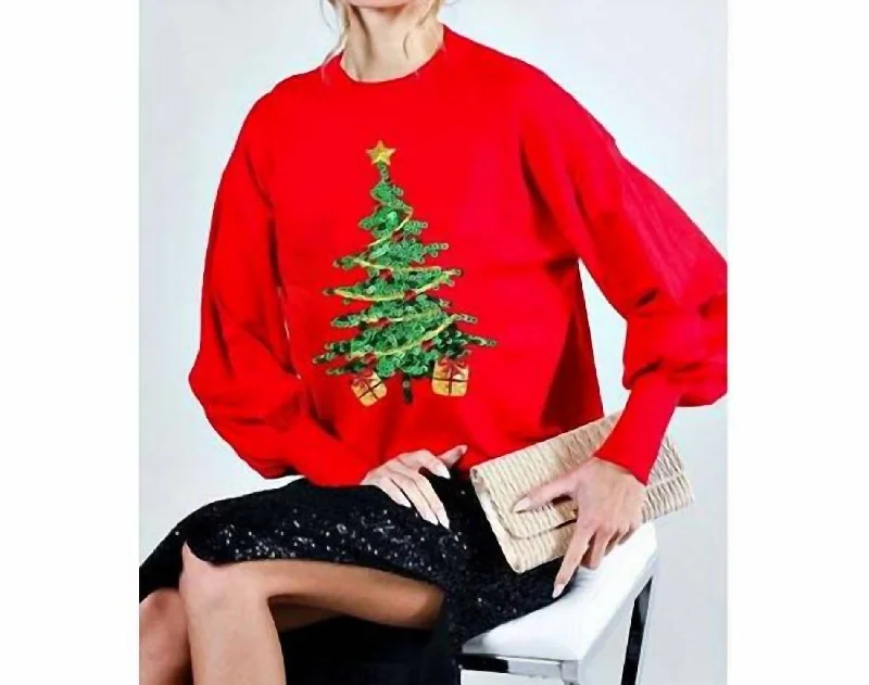 Sequin Christmas Tree Sweater In Red