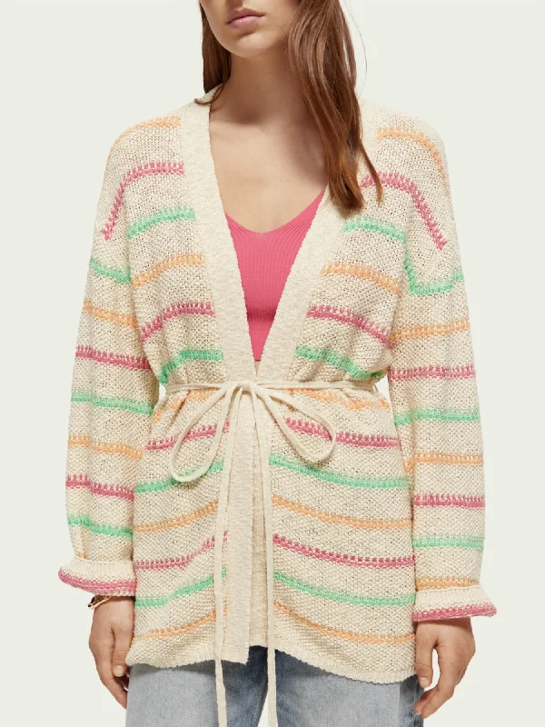 Striped Belted Cardigan In Natural