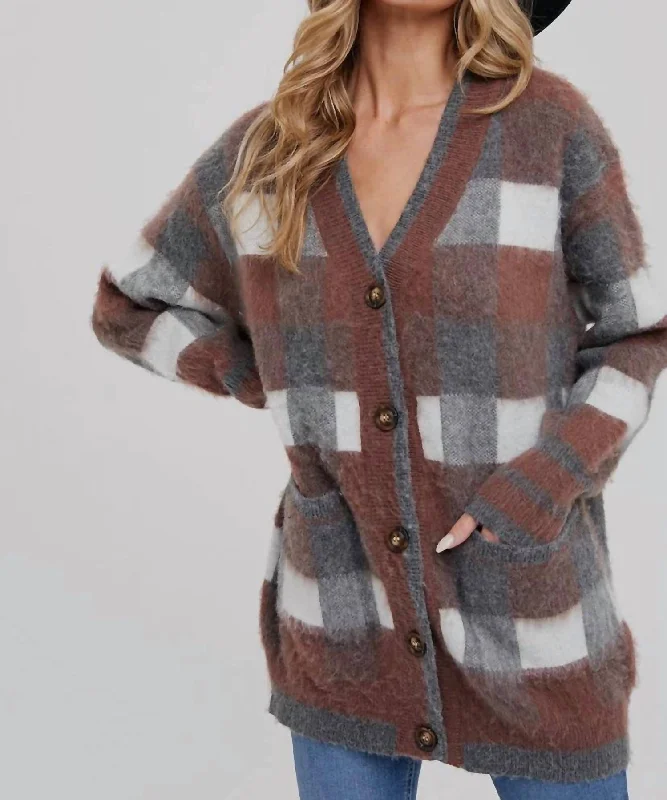 Tartan Plaid Print Cardigan In Brown Multi