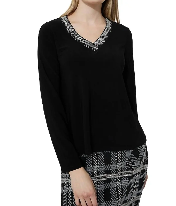 Tweed Trim Long Sleeve Top In Black