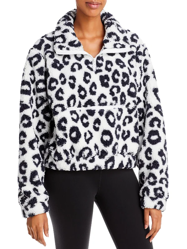 Womens Animal Print Zipper Pocket 1/2 Zip Sweater