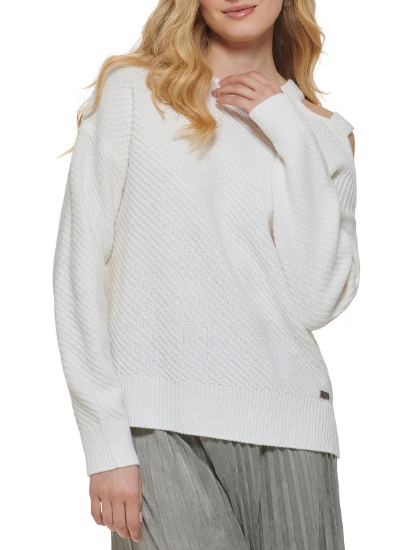 Womens Cold Shoulder Embellished Pullover Sweater