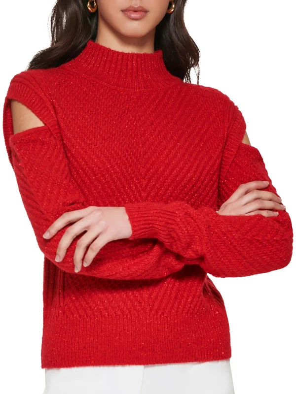 Womens Metallic Open-Shoulder Pullover Sweater