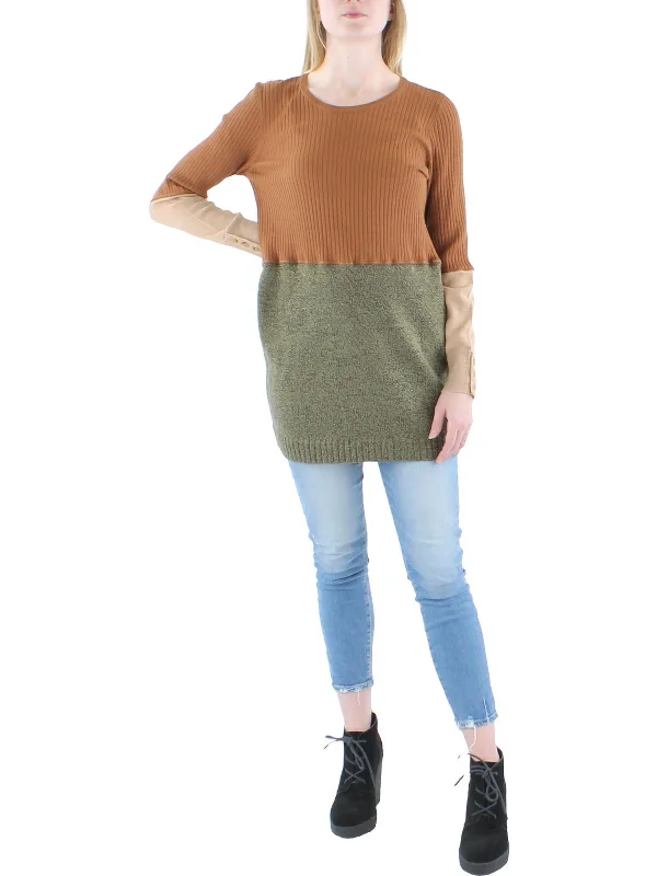 Womens Ribbed Buttons Crewneck Sweater