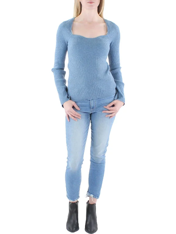 Womens Sweetheart Neckline Ribbed Pullover Sweater