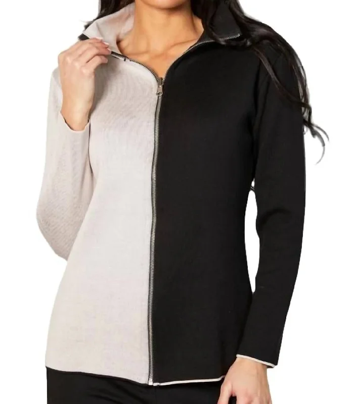 Zip Cardigan In Black/stone