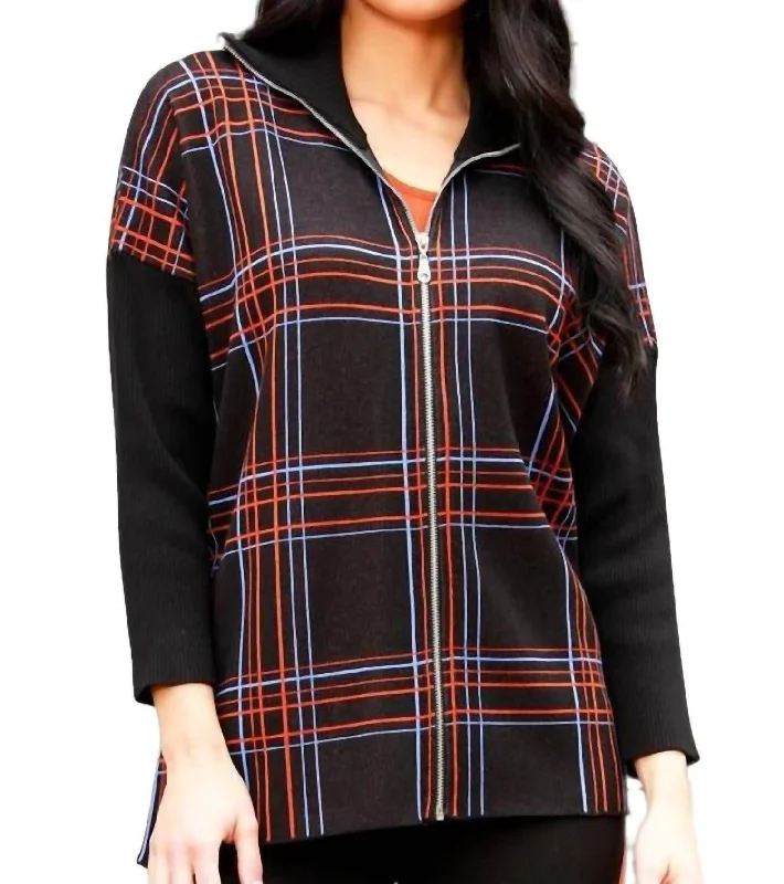 Zip Plaid Poncho In Black/multi