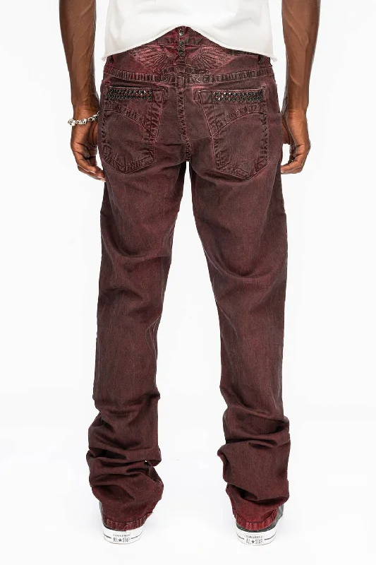 CLASSIC STRAIGHT LEG JEANS IN DARK RED WASH WITH STUDS AND CRYSTALS