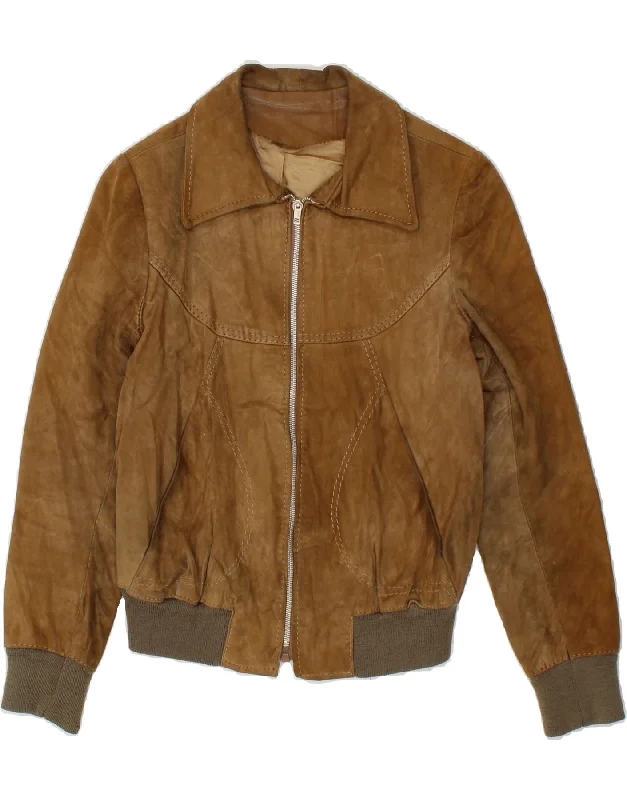 VINTAGE Womens Suede Bomber Jacket UK 8 Small Brown