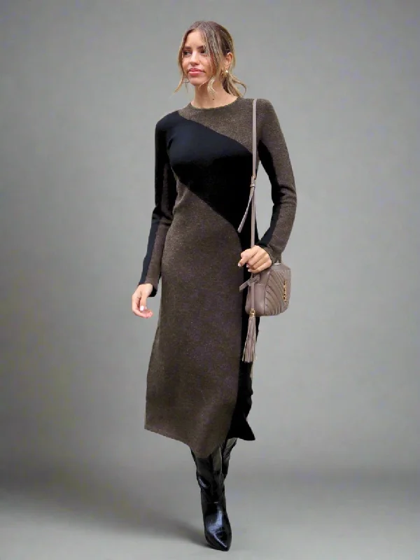 Brynn Knitted Colourblock Midaxi Dress in Chocolate & Black