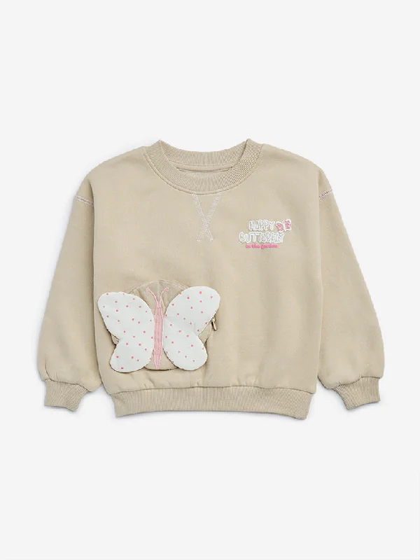 HOP Kids Beige Butterfly Applique Sweatshirt