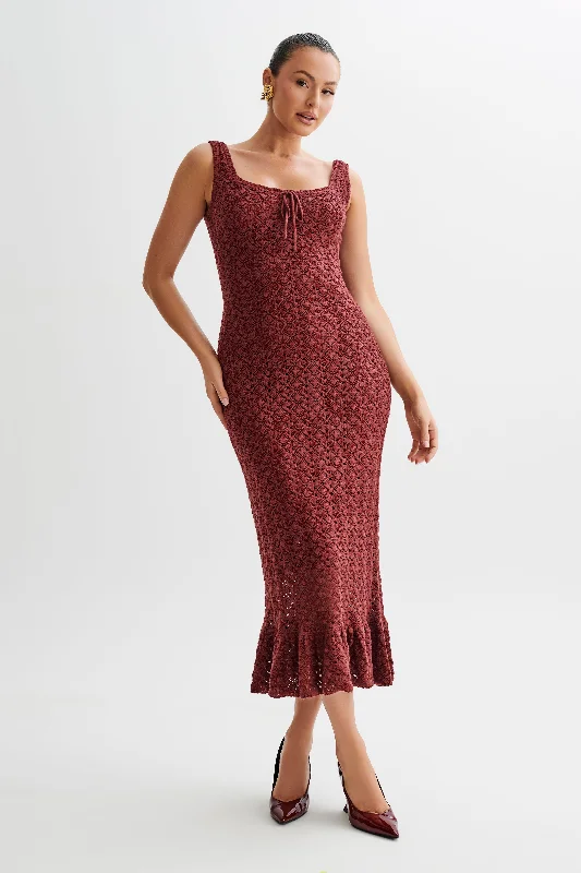 Sylvie Frill Knit Midi Dresses - Wine