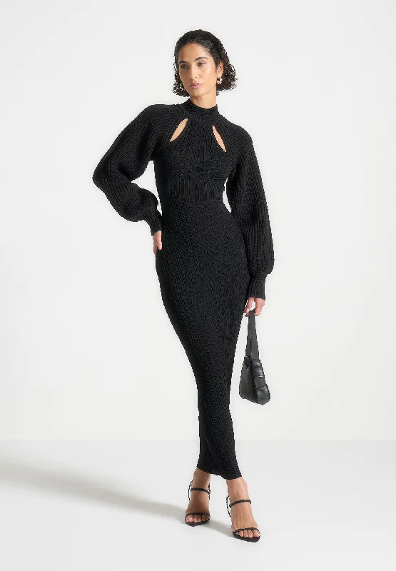 Balloon Sleeve Knitted Contour Maxi Dress - Black