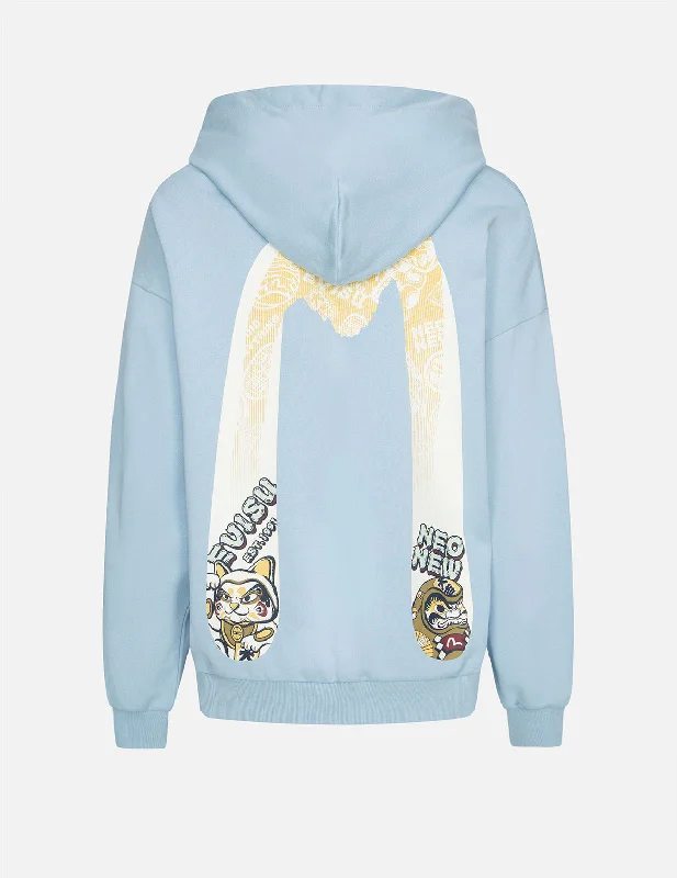 “Fortune Cat and Daruma” Double Daicock Print Hooded Sweatshirt