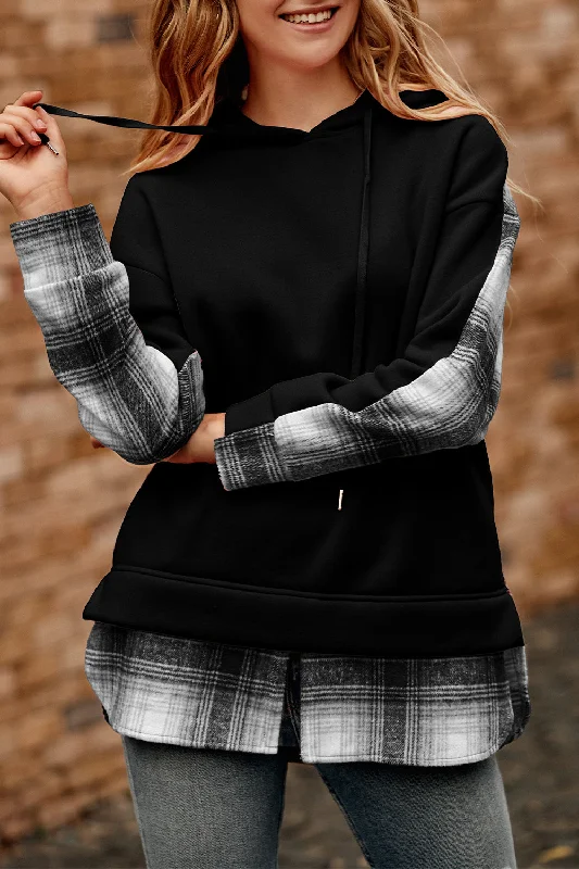 Color Block Plaid Patchwork Hooded Sweatshirt