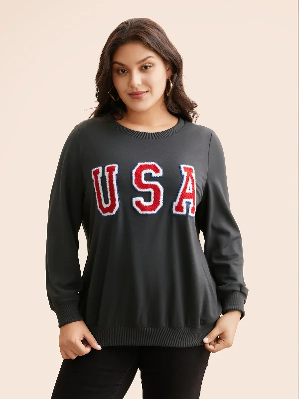 USA Embroidered Patch Round Neck Sweatshirt