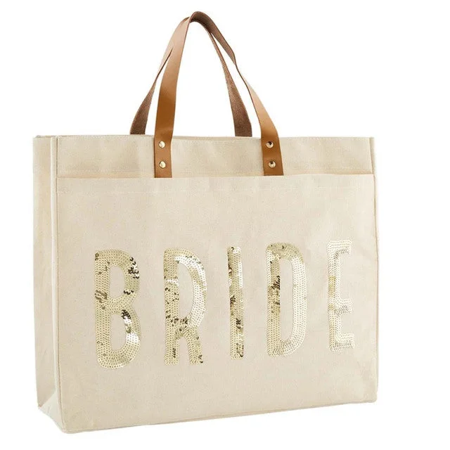 Bride Sequin Beige Jute Tote Bag