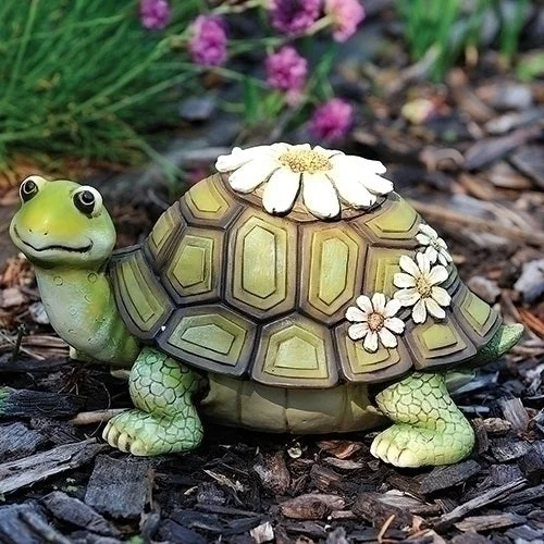 Green Turtle with White Daisy Flowers Pudgy Pal Garden Statue