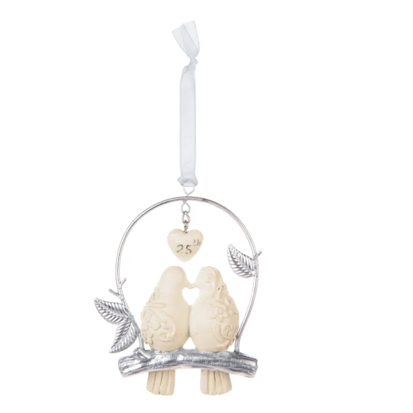 Love Birds On Branch Happy 25th Silver Anniversary Ornament