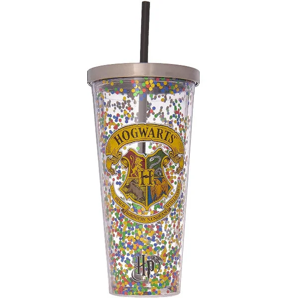 Hogwarts Crest Glitter Cup w/Straw