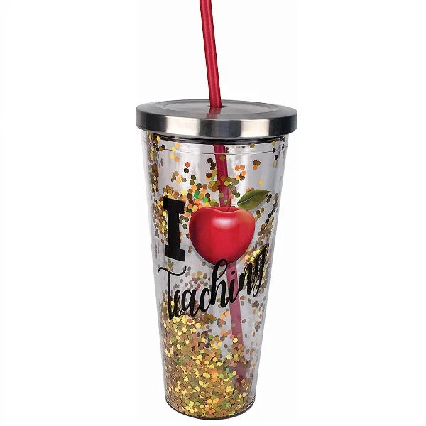 I Love Teaching Apple Glitter Cup with Straw, Gold