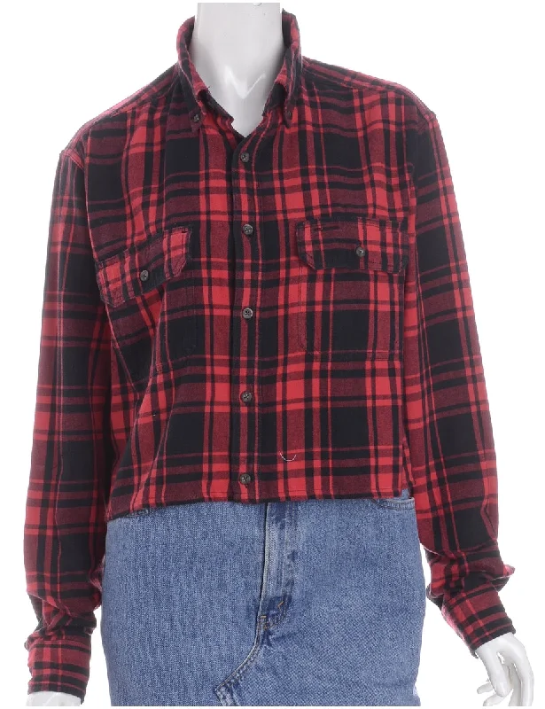 Label Cropped Long Sleeve Flannel Shirt