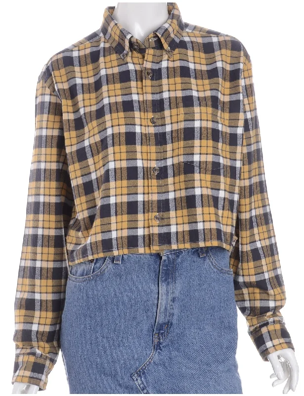 Label Cropped Long Sleeve Flannel Shirt