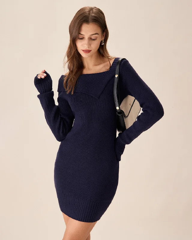 Navy Off The Shoulder Bodycon Sweater Dress