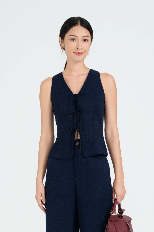 [Restocked] Diane Tie-Front Vest Top in Midnight Blue (with a detachable button placket)