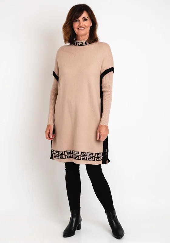 Serafina Collection Greek Print Mini Jumper Dress, Camel & Black