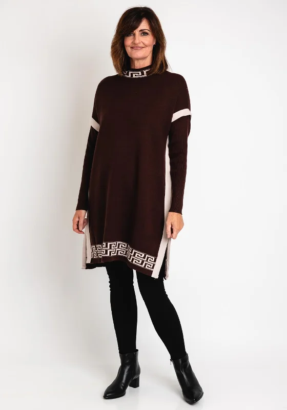 Serafina Collection Greek Print Mini Jumper Dress, Coffee & Beige