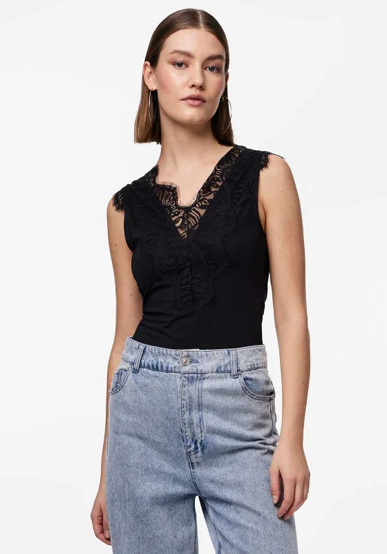 Pieces Ilu Lace Neckline Vest Top, Black