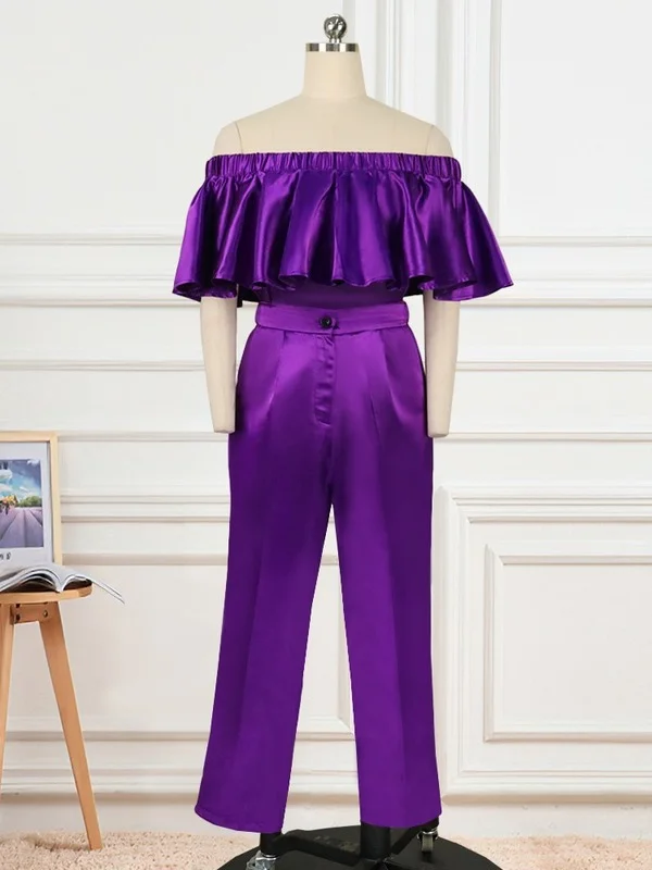 Women 2 Sets Purple Shiny Off Shoulder Blouse Straight Trouser