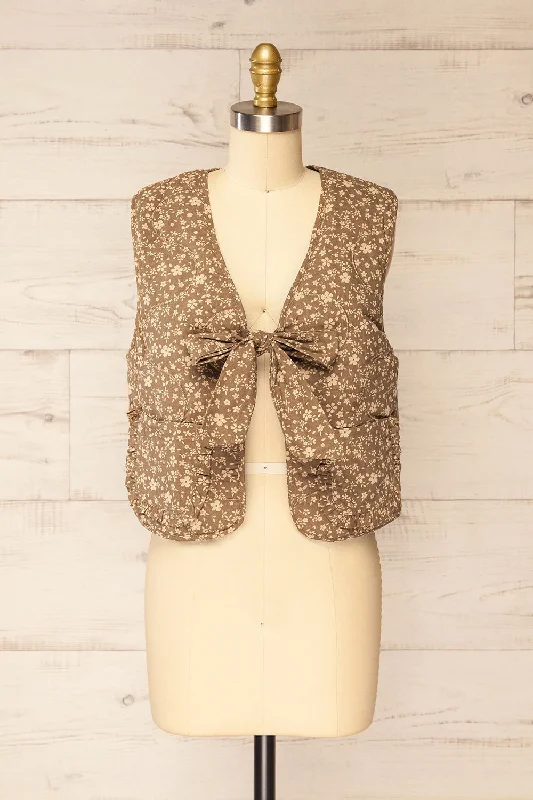 Zurette | Khaki Vest w/ Beige Flowers