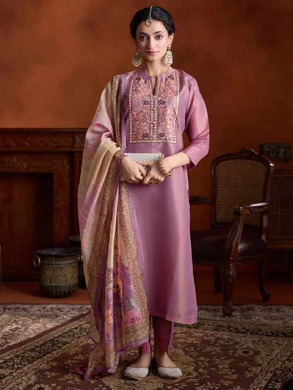 Embroidered Shimmer Silk Suit Set 4050