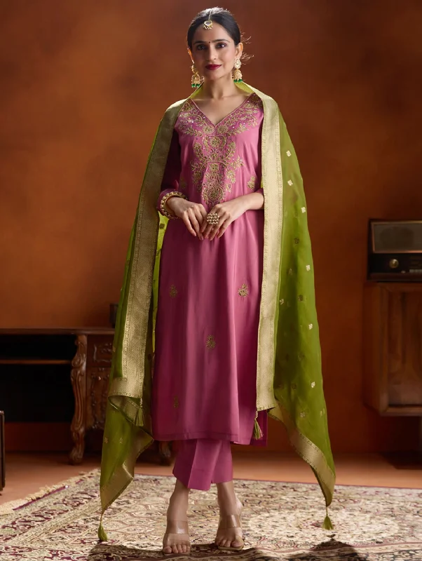 Embroidered Shimmer Silk Suit Set 4082