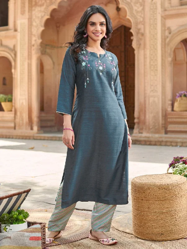 Embroidered Silk Kurta Pants Set 3702