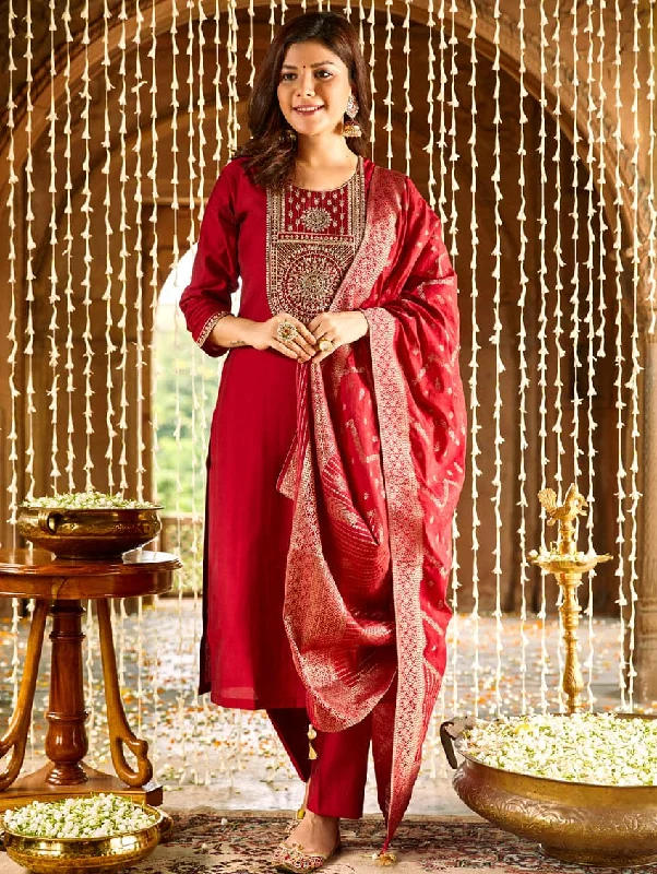 Embroidered Silk Suit Set 3776