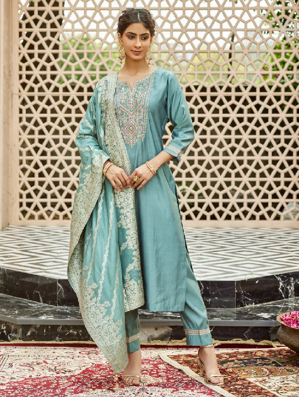 Embroidered Silk Suit Set 3895