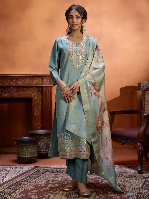 Embroidered Silk Suit Set 4068