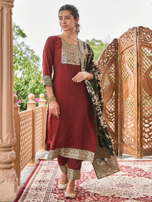 Hand-Embroidered Butter Silk Suit Set 3914